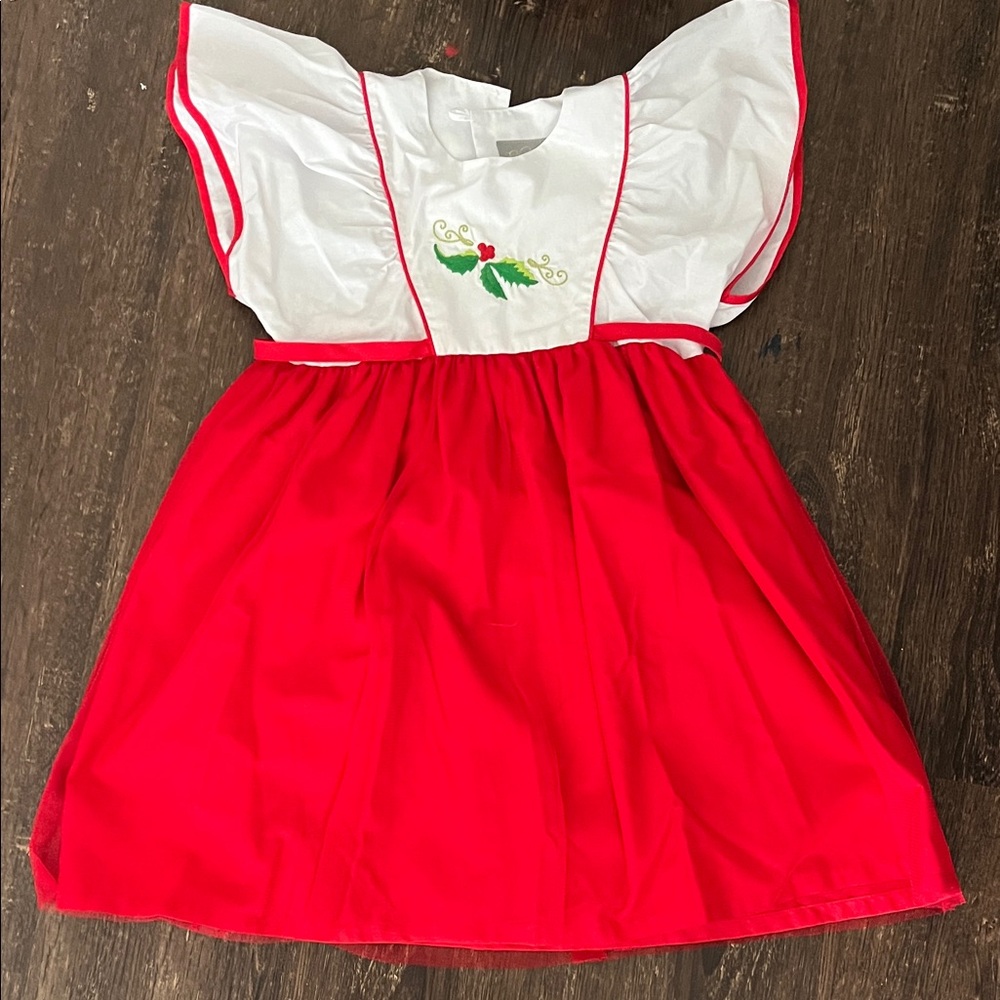 Kids Red and White Holiday Dress with Tulle Overlay